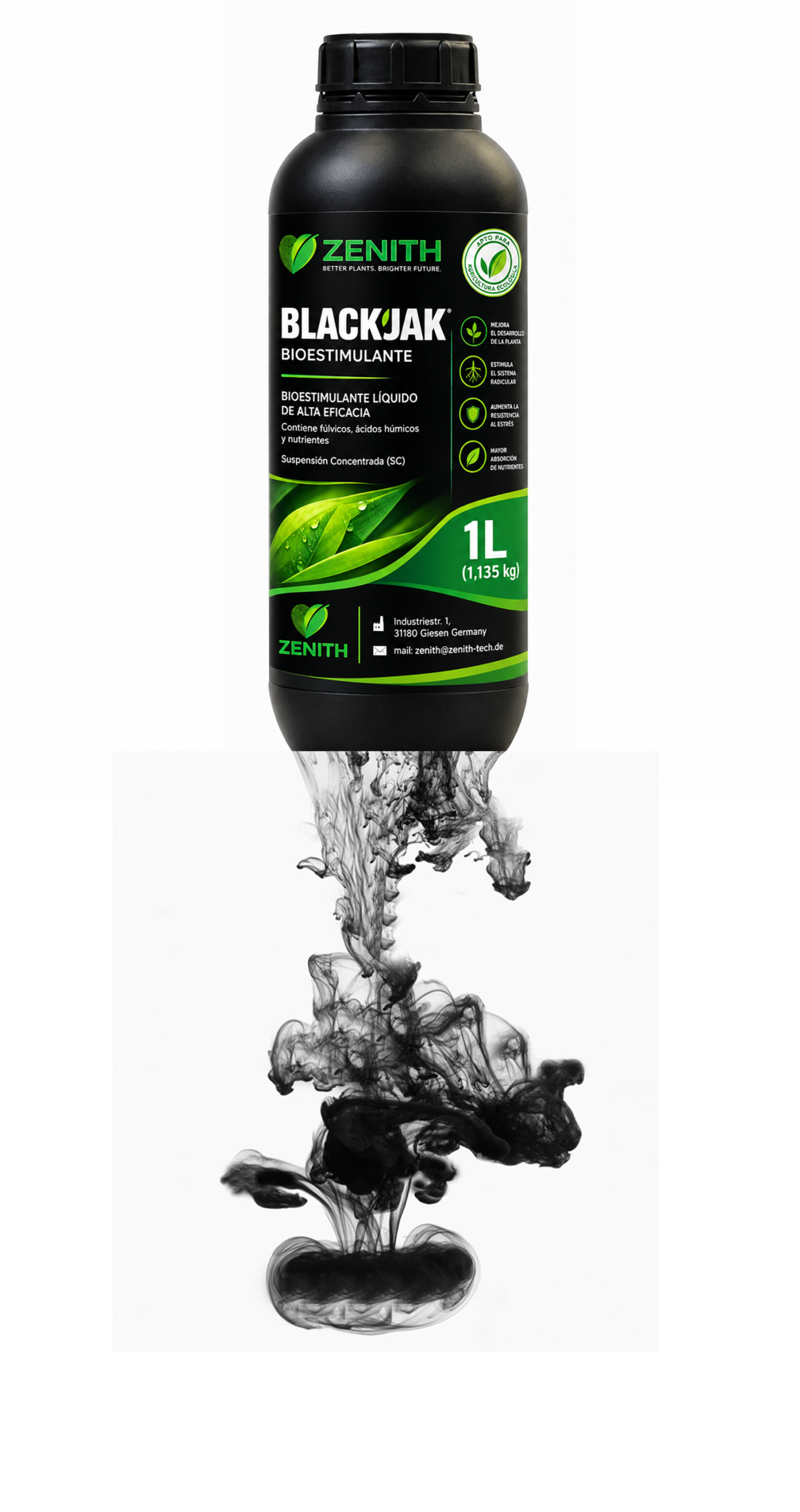 ZENITH BLACKJAK 1 L liquid humic biostimulant bottle with humic suspension dispersing in water